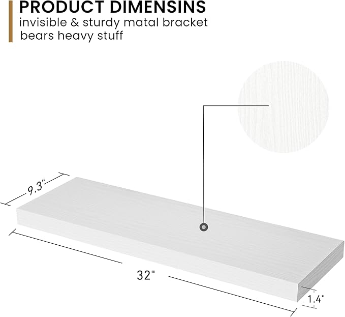 Fun Memories 36Inch Floating Shelves, 9.3Inch Deep Rustic Wall Shelves - Extra Deeper & Thicker Wall Mounted Storage Shelf for Kitchen, Farmhouse - Set of 2 - Rustic White