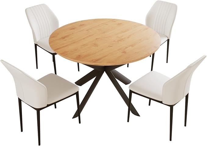 43.2"-59.1" Extendable Round Dining Table Set, Round Table for 4-6 Person with Scratch-Resistant Thickened MDF Board, Oak Coffee Table w/Metal Legs