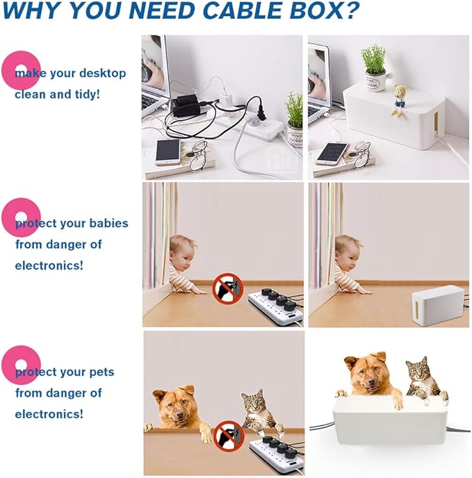 Cable Management Box Organizer, Pack of 2 Wire Concealer to Cover Hide Surge Protector & Power Strip on Desk Floor, with 5 Cord Fastening Tapes for Office, Home, Kitchen (Ice White)