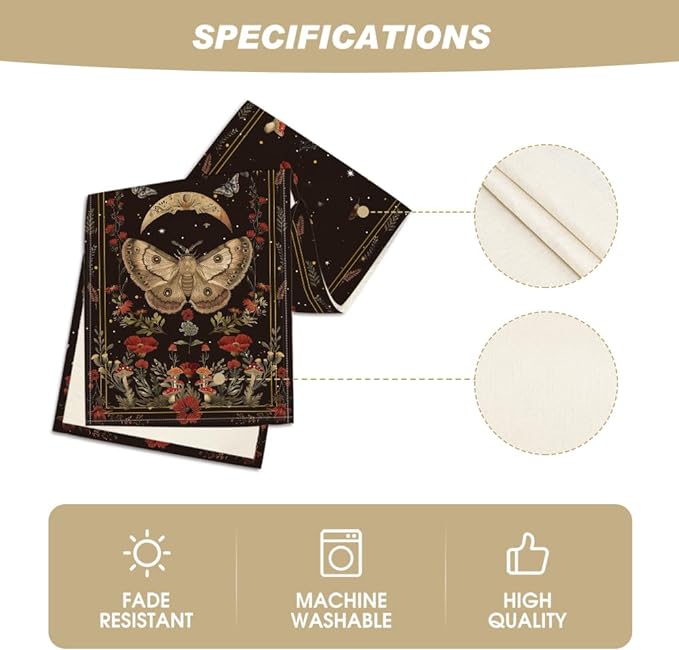 Artoid Mode Poppy Moth Mushroom Moon Fall Table Runner, Seasonal Autumn Kitchen Dining Table Decoration for Home Party Decor 13x60 Inch