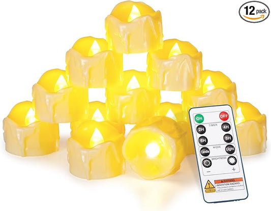 Homemory 12pcs Remote Timer LED Tea Lights Candles, 400+Hours Flickering Flameless Battery Votive Tealights for Tabletop Lighting, Centerpieces Decor, Holiday, Ivory Base