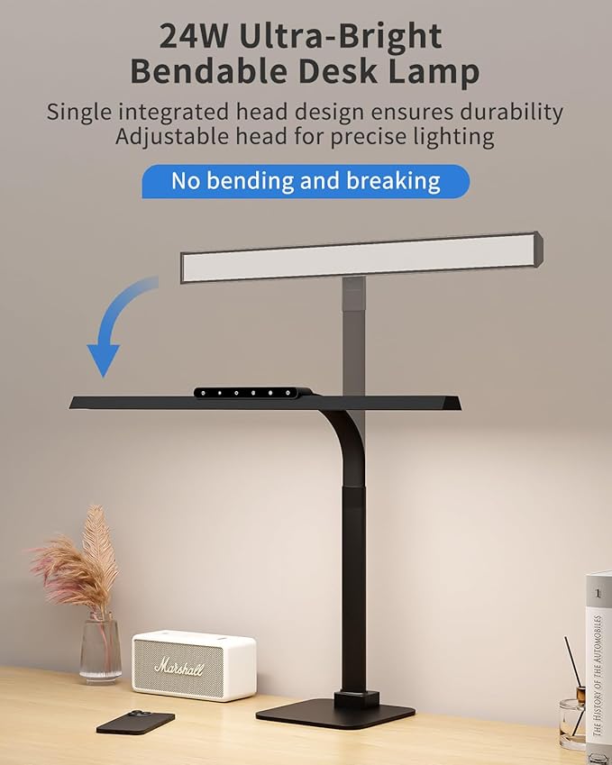 Desk Lamps for Office with Stable Base, 24W Touch Control Brightness Adjustable Tall Desk Lights, Eye-Caring Architect Task Light, Dimmable Brightness & Color Computer Lights for Desktop, Black