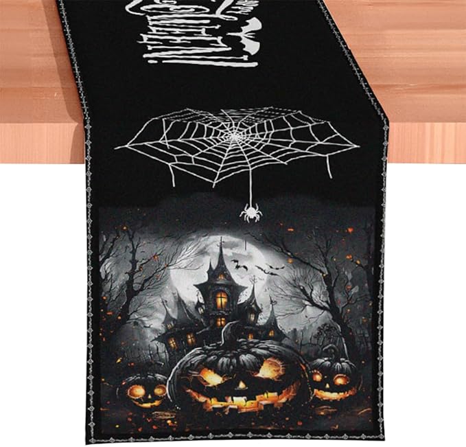 Timeless Table Runner with Elegant Designs for Every Occasion (Haunted Horrors 72" Table Runner, Jacquard Halloween Home Black Tablecloth Decoration with Pumpkins and Spiderwebs)
