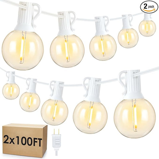 Mlambert 200Ft(2x100Ft) LED Outdoor String Lights, Dimmable G40 Globe Patio Lights with 100+5 2700K Waterproof Bulbs for Balcony-White Cord 2 Pack