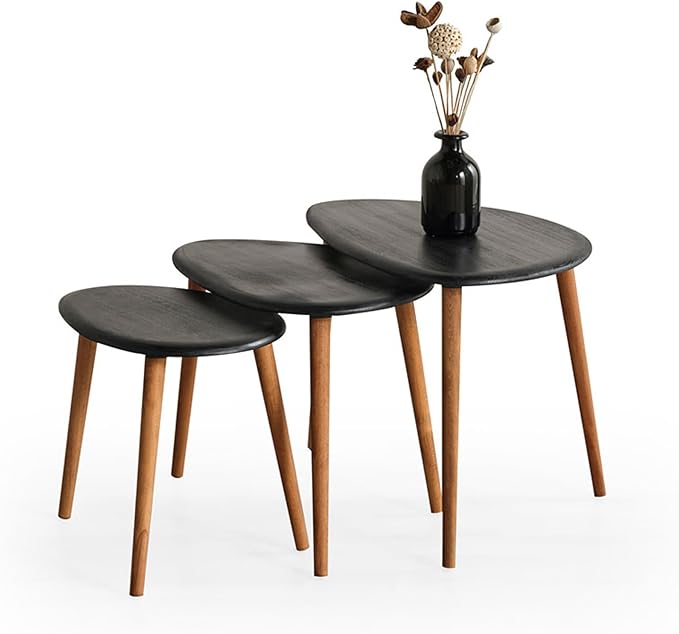 Solid Wood Nesting Coffee Table Set of 3 - Mid Century Modern Pebble Tables with Tapered Legs – Wooden Home Furniture in a Retro Style (Black)