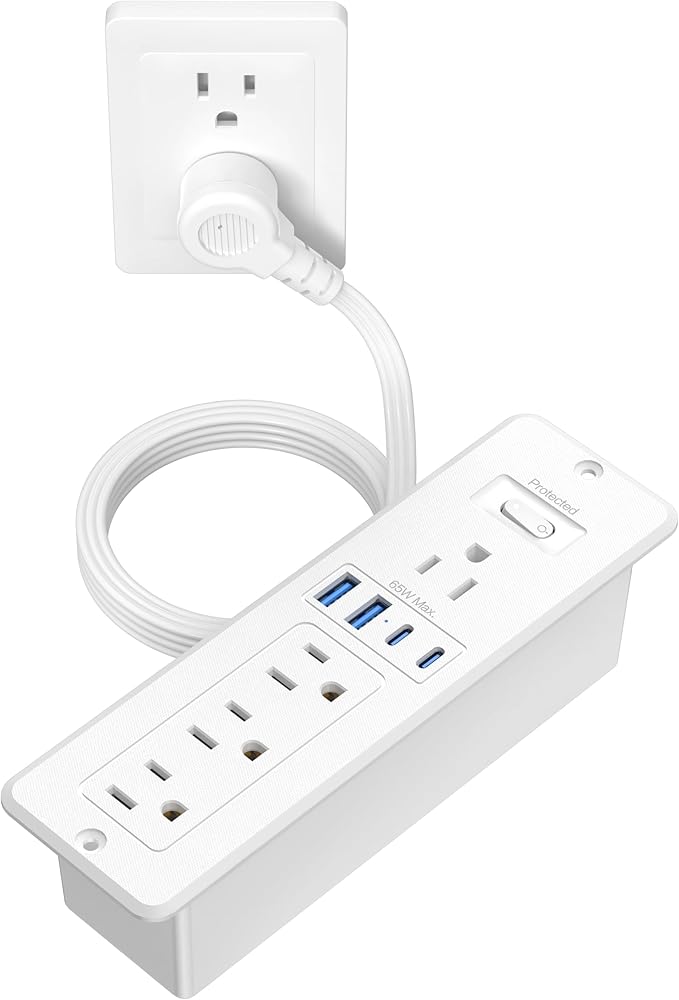 65W USB C Recessed Power Strip, Flush Mount Desktop Recessed Outlet with 4AC & 2 PD GaN USB C & 2 USB-A Ports, 10ft Furniture Hidden Drawer Fast Charging Station for Home Office