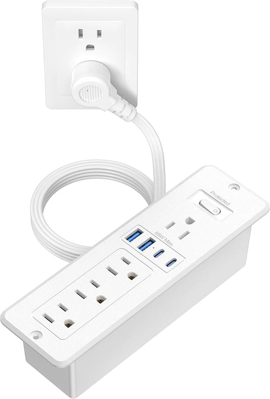 65W USB C Recessed Power Strip, Flush Mount Desktop Recessed Outlet with 4AC & 2 PD GaN USB C & 2 USB-A Ports, 10ft Furniture Hidden Drawer Fast Charging Station for Home Office