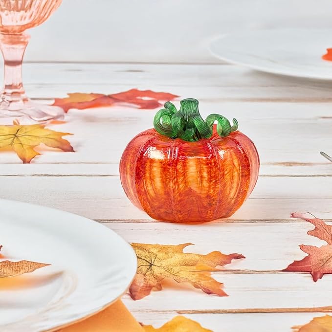 Luke Adams Glass Handmade Glass Pumpkins Table Top Home Decor (Squat, Orange)
