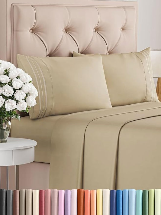Cal King Size 4 Piece Sheet Set - Comfy Breathable & Cooling Bed Sheets Set - Hotel Luxury Bedding for Women, Men, Kids, Teens, Boys & Girls - Deep Pockets, Ultra-Soft, Wrinkle Free - Oeko-Tex - Beige