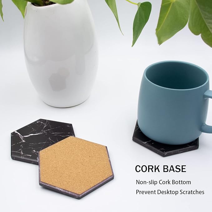 Absorbent Hexagon Black Marble Coasters for Drink with Gold Holder and Cork Base Set of 6 Decorative Tabletop Protection for Bar Kitchen Home and Dining Room