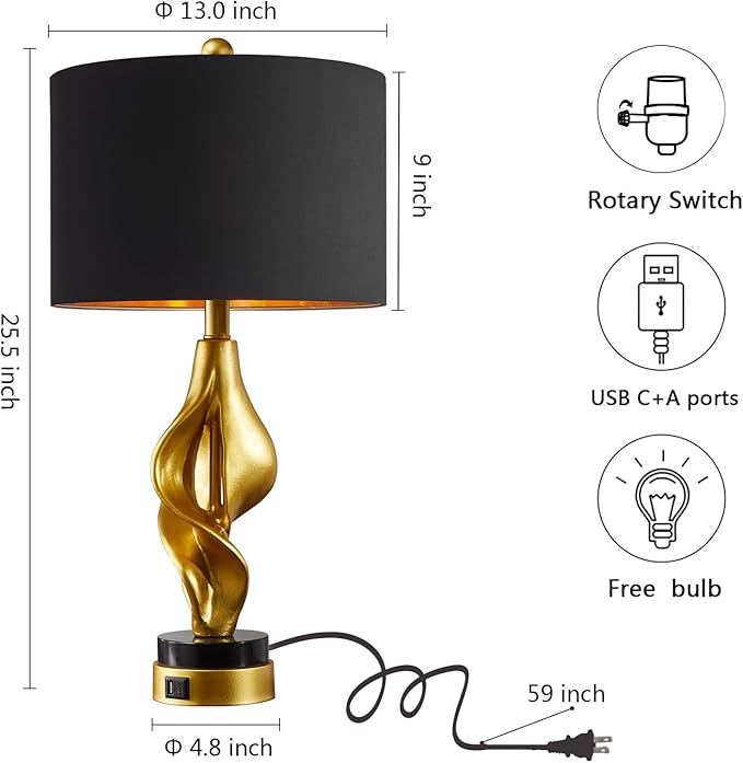 25.5'' Set of 2 Modern Table Lamps for Living Room Bedroom, Gold Leaf Sculptural Bedside Lamps with Marble Base and USB C+A Ports for Office End Tables Nightstand, 2 Bulbs Included