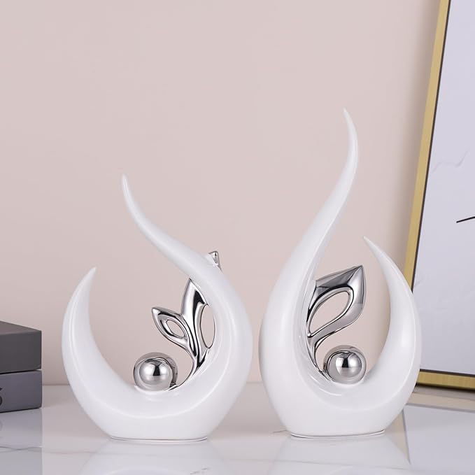 9.4" H White Silver Abstract Sculptures Home Decor, Ceramic Art Statue Cool Stuff to Put on Shelves&tv Stand Decor, Silver Accent Entertainment Center, for Fireplace Coffee Table Dining Table Decorate