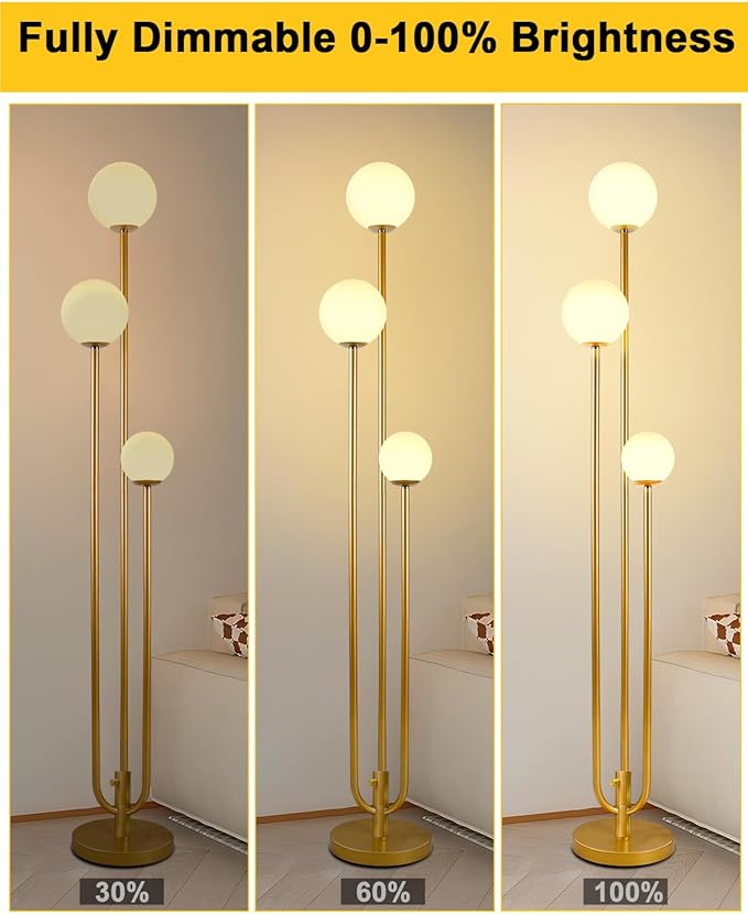 Lightdot 63IN Gold Floor Lamp Dimmable 3-Lights Globe LED Floor Lamps with 3000K Soft Warm White for Wedding/Party Candle Holder Style Tall Lamp for Living Room/Bedroom