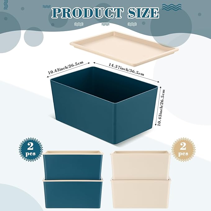 Menkxi 4 Pcs Storage Bins with Lids Plastic Containers Stackable Storage Box Baskets for Organizing Shelves(Beige, Blue,Small)