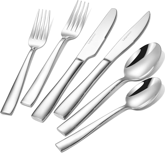 Lazycorner 53 Piece Silverware Set wiith Steak Knives and Serving Utensils 304 Stainless Steel Flatware Set Mirror Polished Eating Utensils Sets Silverwear Cutlery Set, Dishwasher Safe