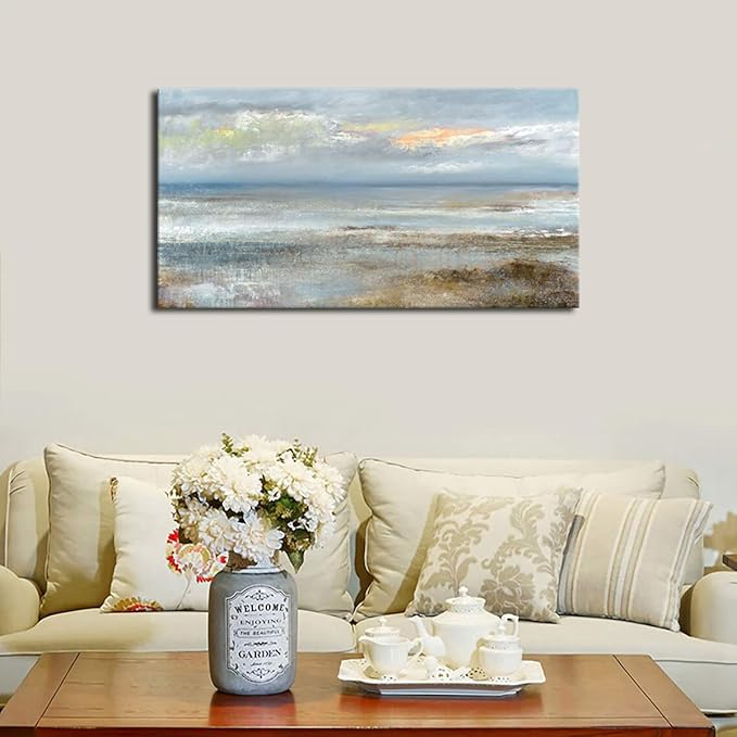 Abstract Wall Art Large Canvas Pictures Modern Blue Ocean Artwork on Canvas Prints Wall Decoration for Living Room Bedroom Bathroom Kitchen Office Home Wall Decor Framed Ready to Hang 24" x 48"