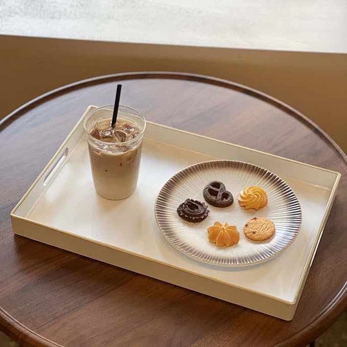 Zosenley Decorative Tray, Rectangular Plastic Tray with Handles, Modern Vanity Tray and Serving Tray for Bathroom, Kitchen, Ottoman and Coffee Table, 15.6” x 10.2” (White)