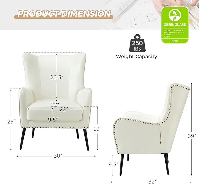 HULALA Home Faux Leather Accent Chair w/Removable Cushion, Comfy Upholstered Armchair with Black Metal Legs & Nailhead Trim Wingback Vanity Chair Desk Chair for Reading Living Room Bedroom, Ivory