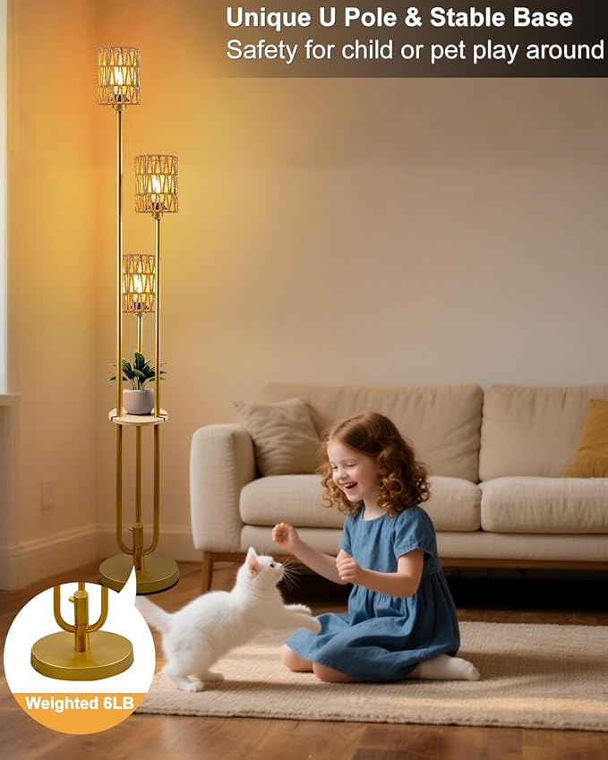 63IN Dimmable Floor Lamp with Shelf, Gold Rattan Tall Standing Lamps Candle Holder Style, 3000K Warmwhite Mid Century Modern Floor Lamp for Living Room (Bulbs Included)