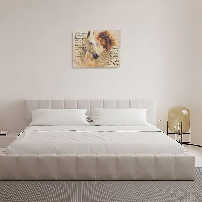 Horse Wall Art Christian Jesus Canvas Wall Decor Scripture Pictures Christ Paintings Prints Religious Bible verse Artwork Framed Decorations For Church Prayer Room Bathroom Bedroom Living Room Gifts 20" x 16"