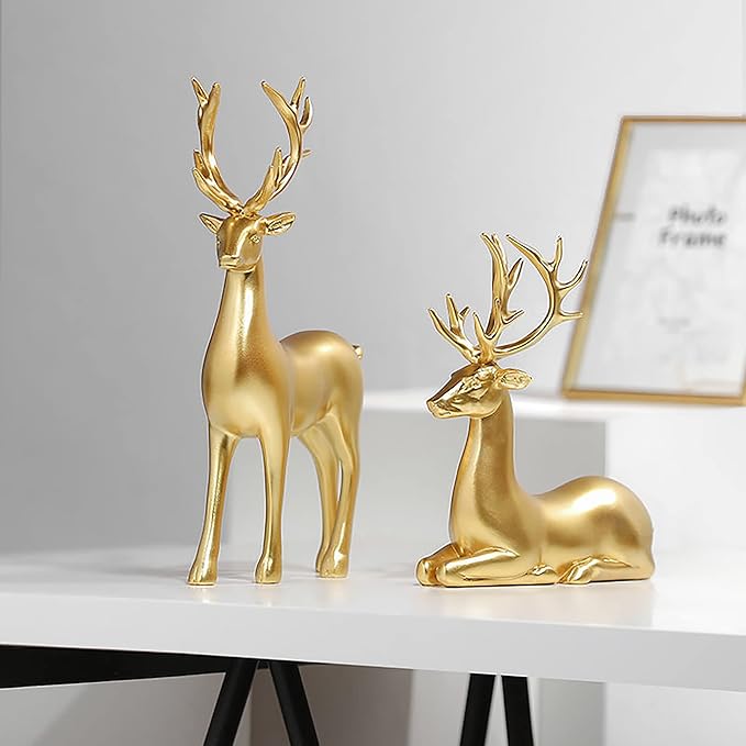 FANTESTICRYAN 2pcs Reindeer Sculpture Gold Resin Christmas Elk Statues Home Office Decorative Displays for Living Room, Bedroom, Bathroom, Bookshelf, Desktop, Cabinets (Golden Large)