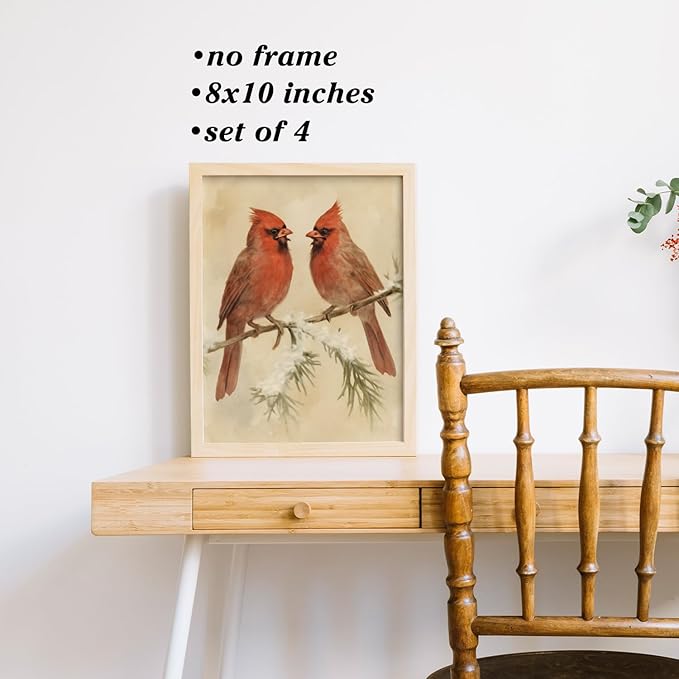 Boat Wades Winter Christmas Wall Art Prints Set of 4,Vintage Xmas Tree Red Cardinals Sleigh Reindeer Posters Pictures Wall Decor for Bedroom Living Room Home Office,Christmas Home Decor, 8x10 Unframed