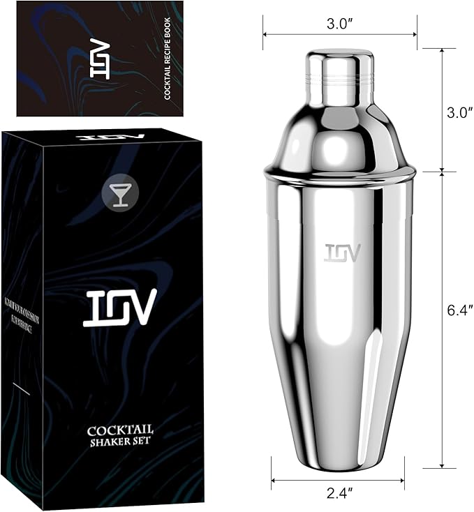 IOV Cocktail Shaker, 24 oz Martini Shaker, Drink Mixer with Built-in Strainer, Professional Stainless Steel Margarita Alcohol Shakers with Cocktail Recipe Guide, Bartender Kit Gifts