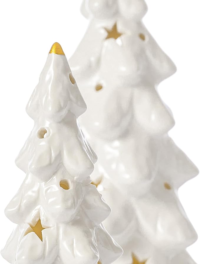 DN DECONATION Christmas Tree with Lights, Tabletop Xmas Trees with Star-Cutouts Leaves, 2Pcs White Prelit Ceramic Christmas Tree Figurines Holiday Centerpieces for Mantel & Shelves Decor