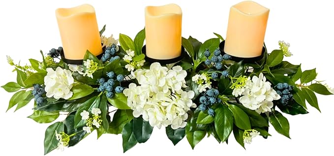 All Season Candle Holder Centerpiece for Table with Artificial Blueberry,White Hydrangea and Eucalyptus Leaf for Table Centerpiece Decor,Dining Room,Party Home Decor