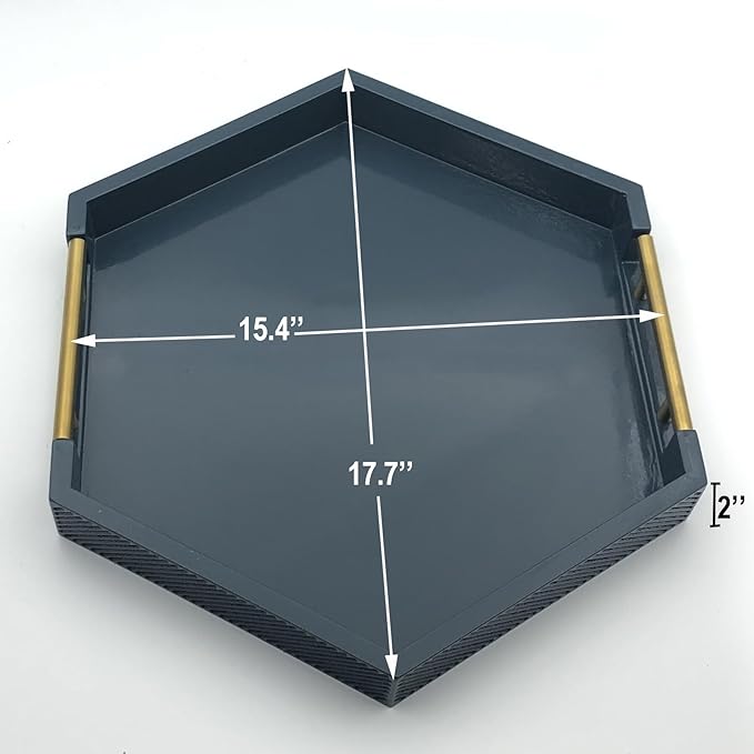 Serving Tray with Polished Metal Handles, Hexagon Coffee Table Tray, Modern Rectangle Decorative Tray, Large Ottoman Tray, Perfect for Storage and Display (Blue Hexagon)