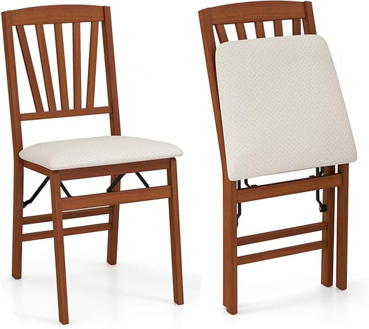COSTWAY Folding Dining Chairs Set of 2, Upholstered Wooden Dining Room Chairs with Fabric Padded Seat, Solid Wood Frame and 400LBS Capacity for Kitchen Apartment (Beige & Brown)