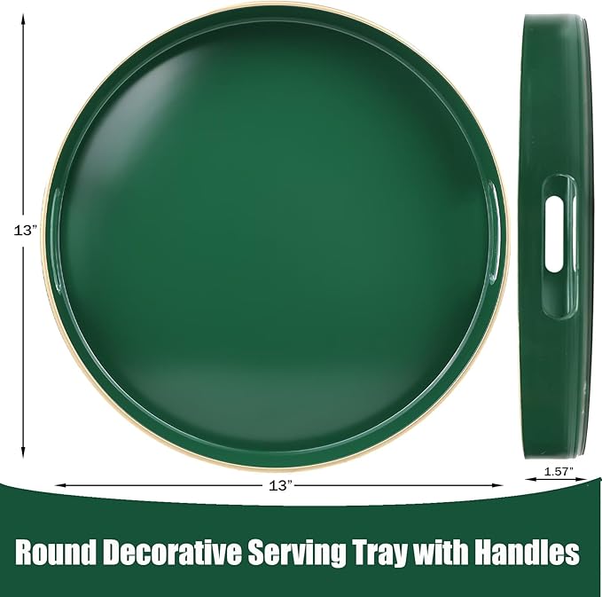 Green Round Decorative Tray with Handles, 13" Versatile Serving Tray for Coffee Table, Ottoman, Ideal for Serving, Displaying, Organizing