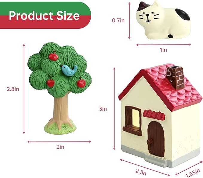 Mini Cat Cottage Decor Set - Resin House with Apple Tree and Kitten Figurine, Cute Desk Ornaments for Home Office Shelf Decor, Unique Gift for Cat Lovers