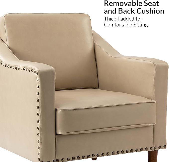 HULALA HOME Faux Leather Accent Armchairs Set of 2 with Back & Seat Cushions, Traditional Club Chairs with Nailhead Trim, Comfy Upholstered Sofa Chairs for Living Room Bedroom, Beige