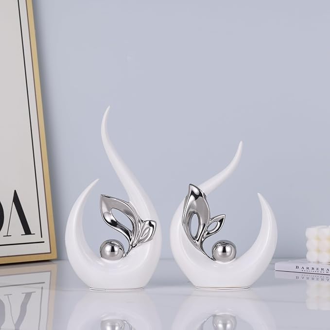 9.4" H White Silver Abstract Sculptures Home Decor, Ceramic Art Statue Cool Stuff to Put on Shelves&tv Stand Decor, Silver Accent Entertainment Center, for Fireplace Coffee Table Dining Table Decorate