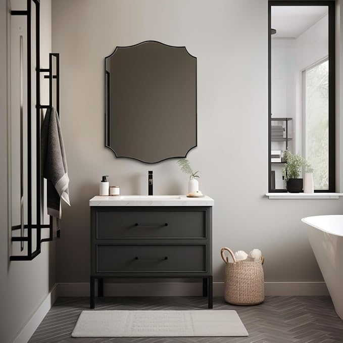 ANDY STAR Matte Black Bathroom Mirror, 24x32 Inch Scalloped Mirror for Bathroom, Black Irregular Mirror in Premium Stainless Steel 1“ Frame, Unique Wavy Shape, Italian Style