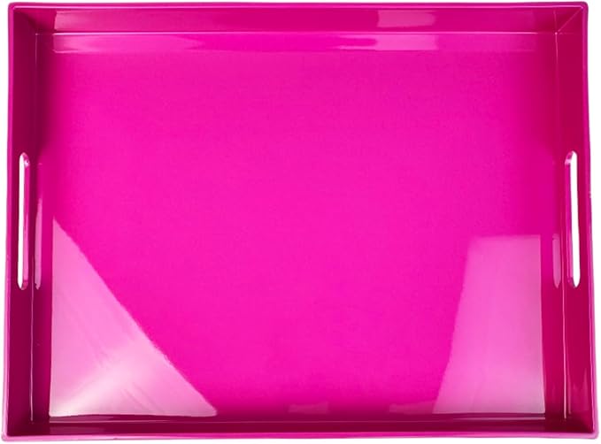 Large Decorative Tray, Rectangular Serving Tray with Handles, Plastic Coffee Table Tray for Ottoman, Living Room, Kitchen Tabletop, Rose Pink, 15.7” x 11.8” x1.6”