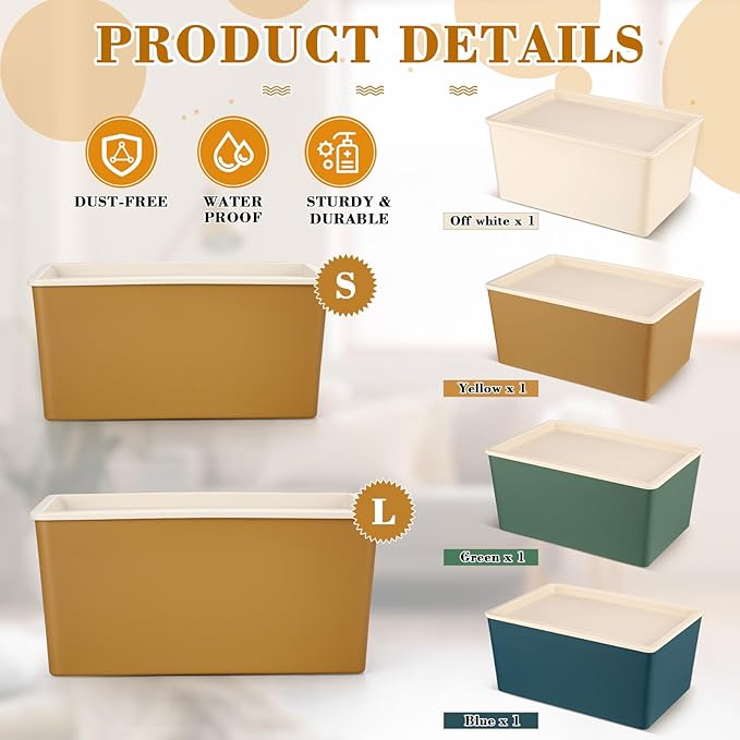 Menkxi 4 Pcs Storage Bins with Lids Plastic Containers Stackable Storage Box Baskets for Organizing Shelves(Mixed Color,Small)