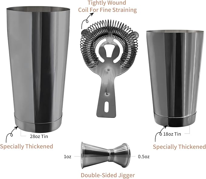 Boston Cocktail Shaker Bar Set, Weighted Boston Shaker Tins, Bartender Kit with 18oz & 28oz Mixed Drink Shaker, Hawthorne Strainer, Double Measuring Jigger - Black