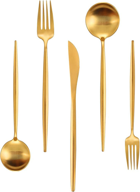 Matte Gold Silverware Set, IBIILII JEFF 40 Pieces Stainless Steel Flatware Set，Kitchen Utensil Set, Tableware Cutlery Set, Knife Spoons And Forks Set, Satin Finished Polished & Dishwasher Safe