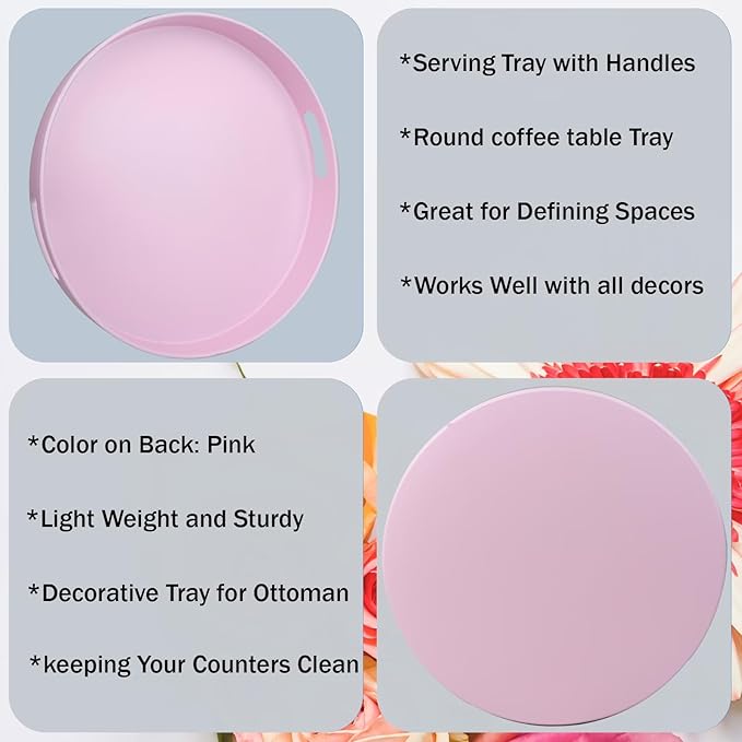 Round Pink Decorative Serving Tray with Handles, 13” Versatile Ottoman Tray for Coffee Table, Entertaining, Outdoor Patio, Living Room