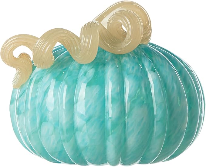 Glitzhome 6" D Round Turquoise Glass Pumpkin,Thanksgiving Glass Pumpkin Fall Pumpkin Glass Blown Pumpkin Table Decor Harvest Glass Pumpkin Figurine Glass Crafts for Fall Thanksgiving Halloween Decor