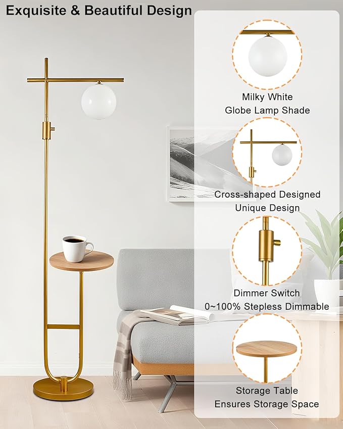 Lightdot 66IN Gold Dimmable Floor Lamps with Storage Table, Modern Standing Tall Lamp with Milky White Globe Lampshade, Cross-Shaped Lamp Head and U-Pole Base Style for Living Room/Bedroom/Office