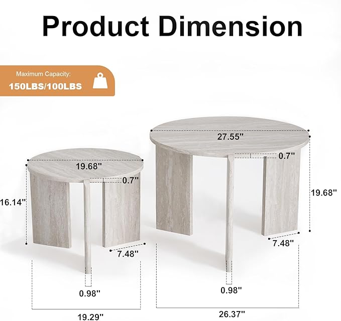 Round Nesting Coffee Tables Set of 2 for Living Room [Interchangeable Height] φ27.6 + φ19.7 Mid Century Modern Circle Side Tables for Bedroom Office Studio Apartment