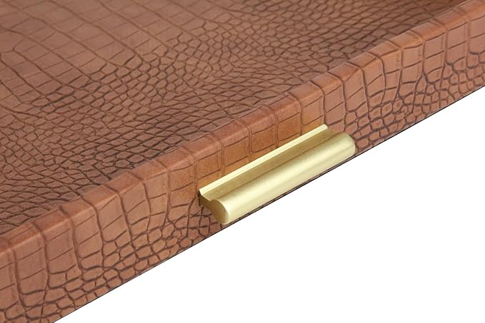 HofferRuffer Elegant Decorative Serving Tray, 20"x20" Square Faux Leather Ottoman Tray with Gold Hardware Handles, Coffee Table Serve Tea Coffee or Breakfast (Antique Brown)