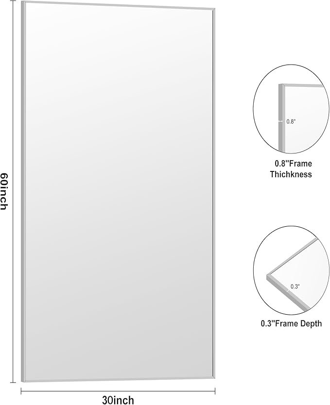 KOCUUY Large Silver Bathroom Mirror, 60x30 inch Rectangular Mirror for Bathroom Sink, Oversized Mirror with Metal Brushed Nickel Frame for Living Room, Farmhouse, Entryway, Hang Horizontal/Vertical
