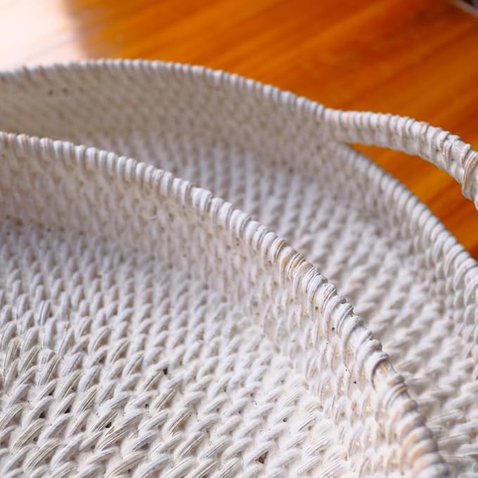 White Wash Round Rattan- Handmade Serving Tray-Decorative Woven Ottoman-Trays with Handles for Coffee Table Natural Basket Wave Tray (L- 13.7 Inch & M-11.8 Inch), Brown