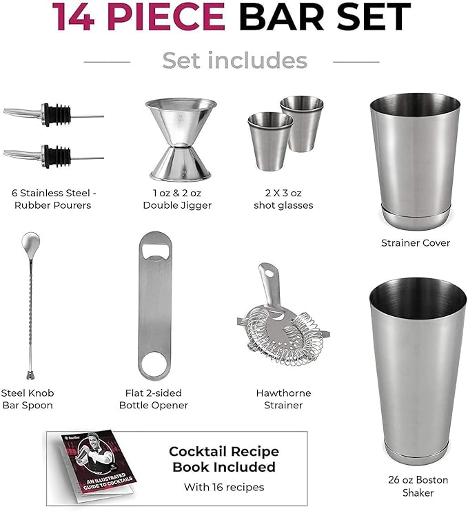 Cocktail Shakers Set, 14 Piece Stainless Steel Bar Tools Kit with Shaking Tins, Flat Bottle Opener, Double Bar Jigger, Hawthorne Strainer, Shot Glasses, Bar Spoon, and 6 Pour Spouts.
