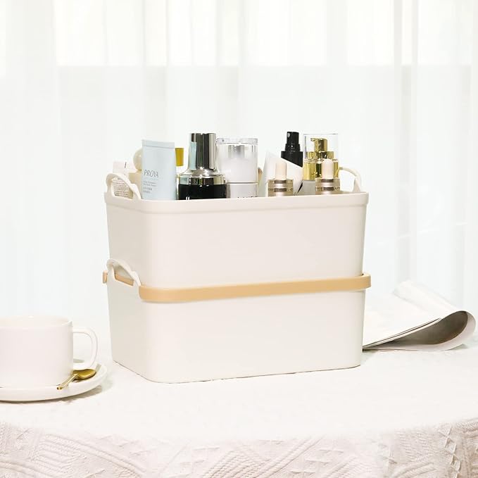 ANMINY 5PCS Plastic Storage Bins Containers with Lids, Large White Storage Organization Bins Boxes, Lidded Plastic Storage Baskets for Closet Shelves Drawers Desktop - 2 Medium 3 Small, Wheat Lids