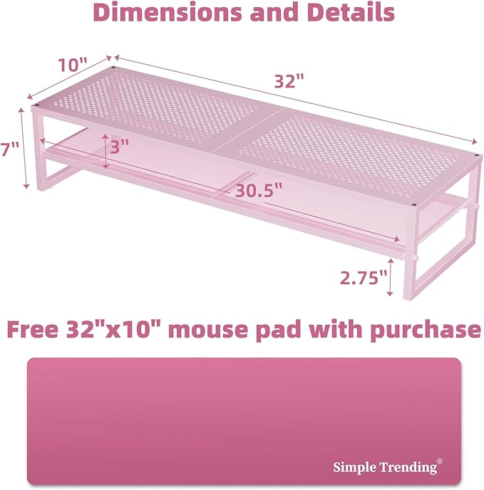 Simple Trending 2 Tier Metal Dual Monitor Stand Riser, Computer Office Desktop Organizer for 2 Monitors with 32"x10" Mouse Pad for Laptop, Printer, TV, Pink